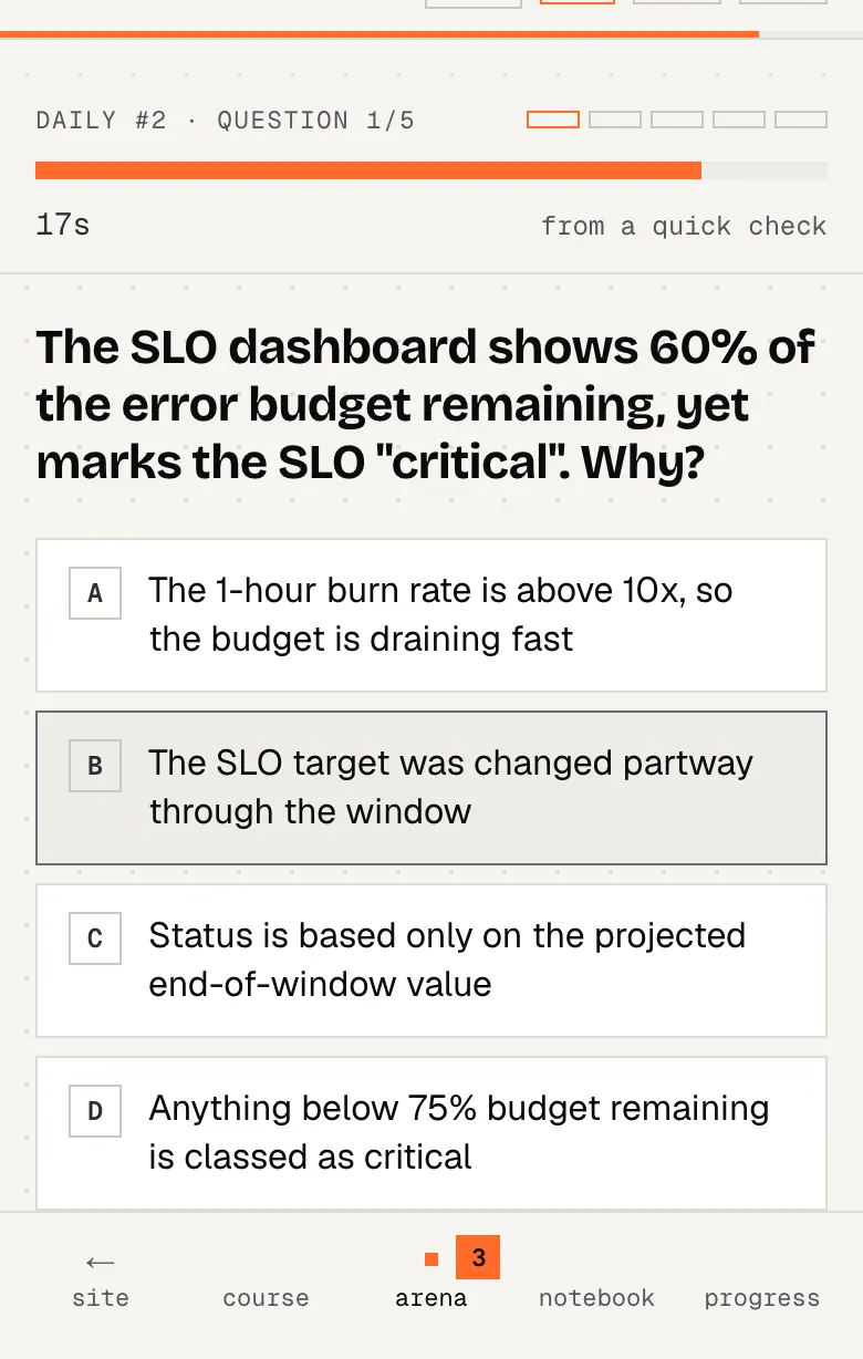 The daily challenge running: question 1 of 5 with a 20-second timer bar and four options.