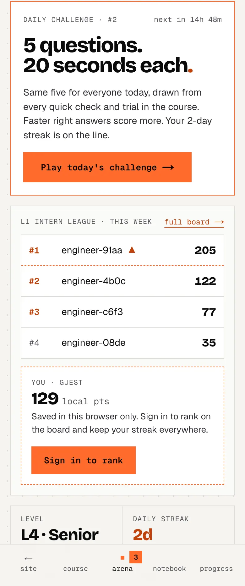 The Arena on a phone: today's daily challenge and your league.