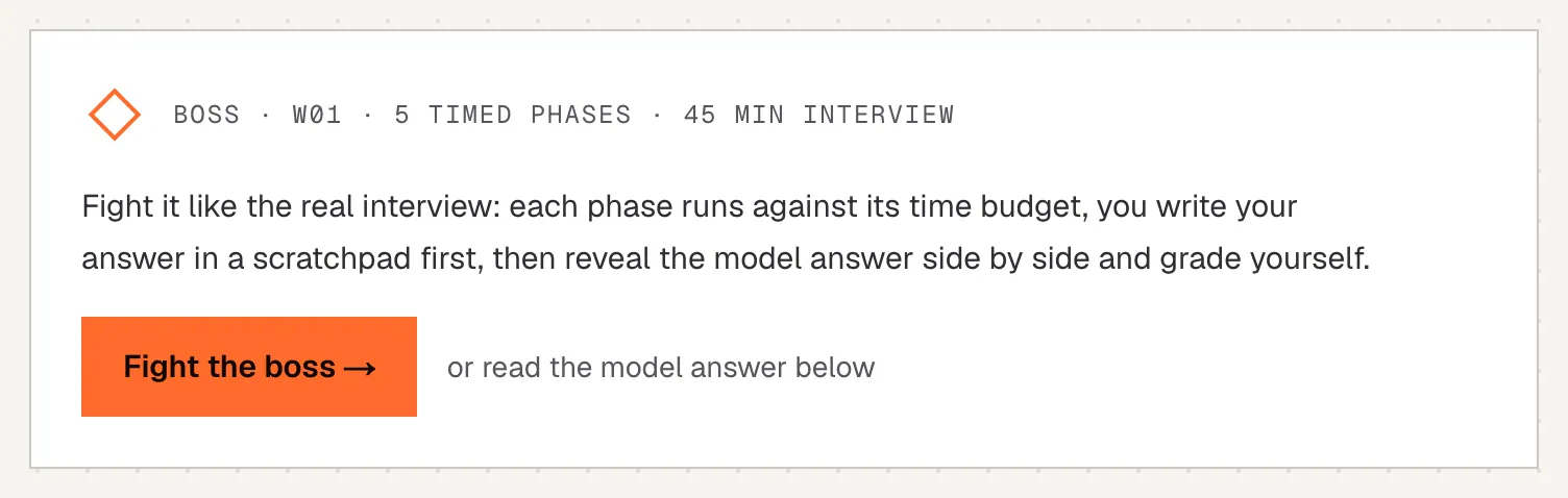 The boss card at the top of a capstone lesson: fight it as a timed interview, or just read the model answer.