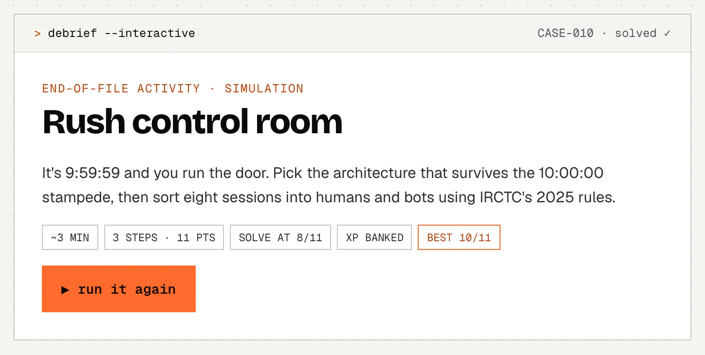 The interactive activity at the end of a case file: steps, the score needed to solve it and the XP it pays.