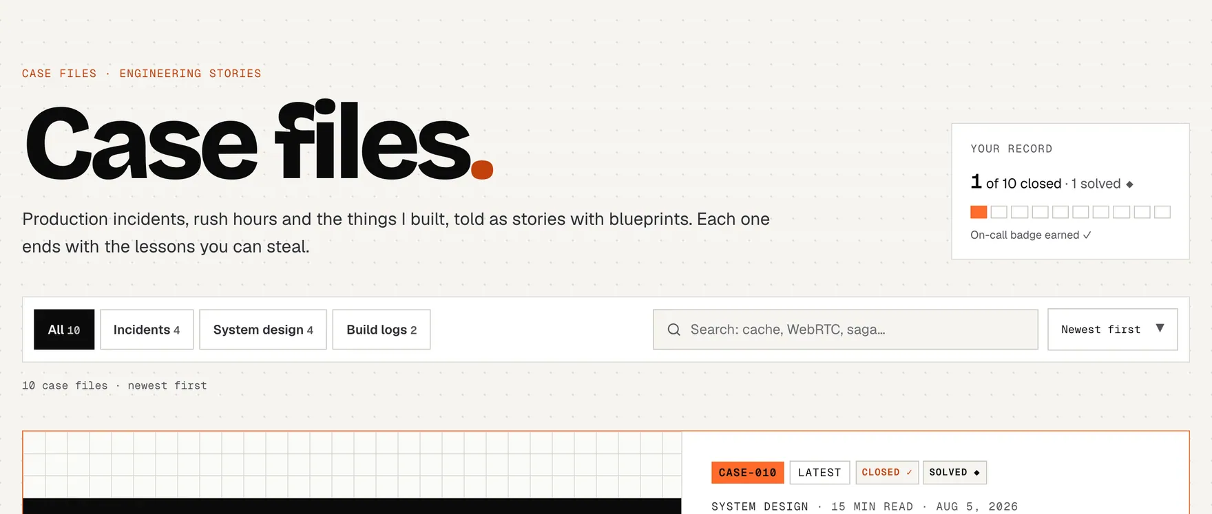 The Case files index: your record of closed and solved cases, filters by type, search, and the latest case file.