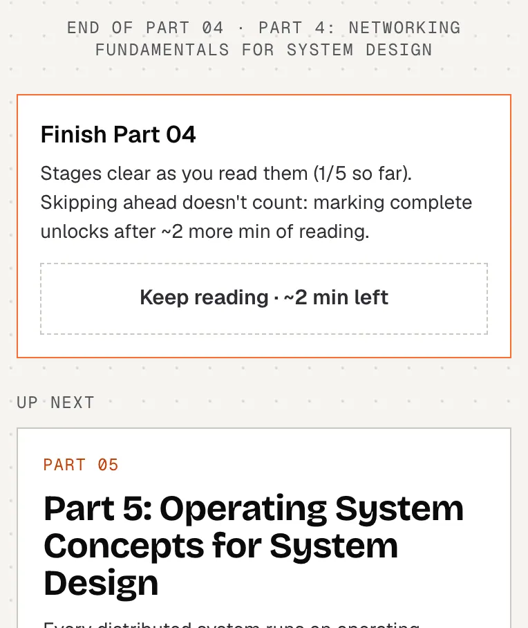 The end of a lesson: the Finish card says 'Keep reading, about N minutes left' because not enough has been read yet; below it the next lesson and the trial part.