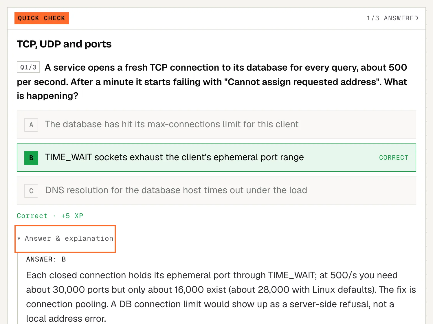 A quick check inside a lesson: the first question answered correctly with +5 XP and its explanation open.