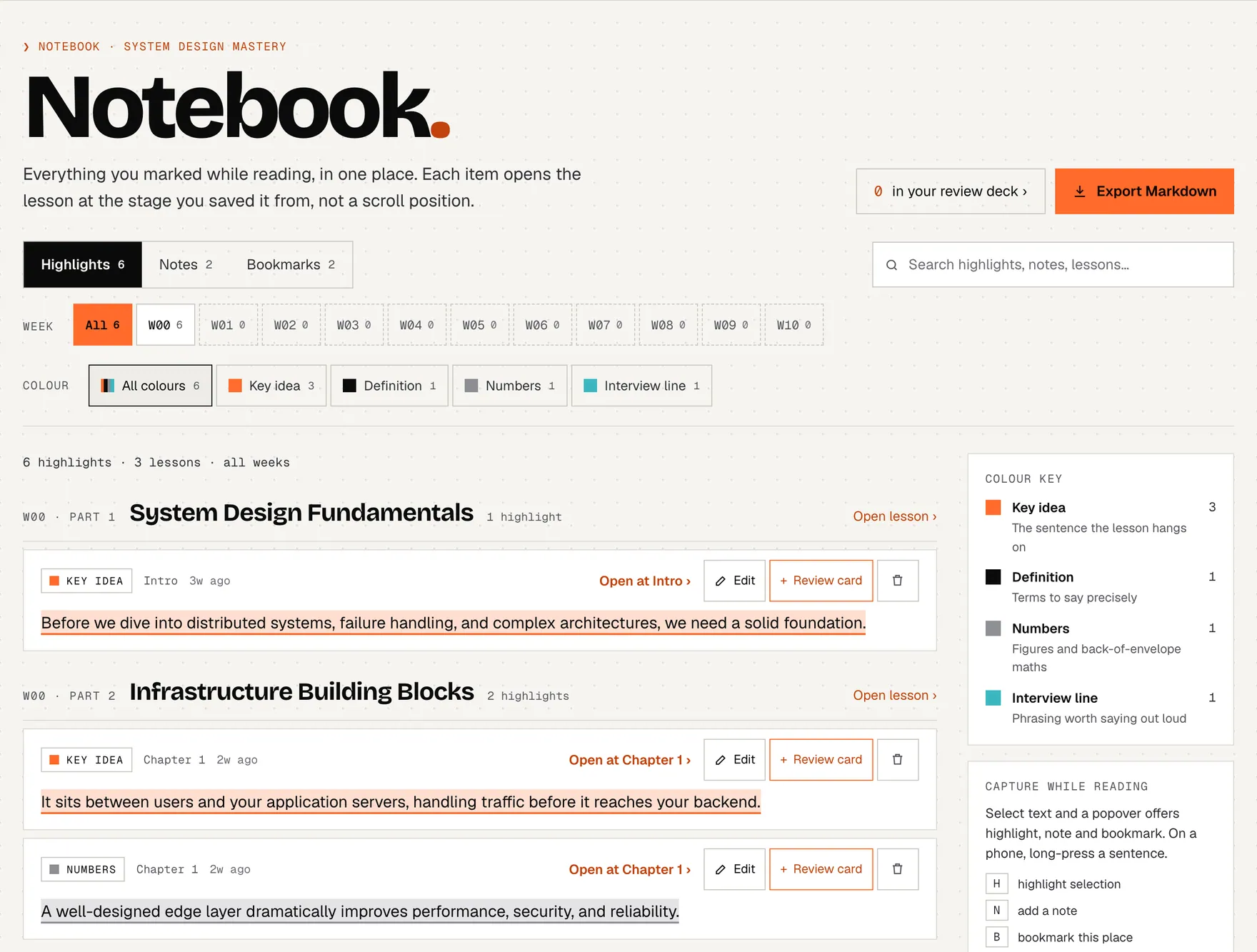 The Notebook: tabs for highlights, notes and bookmarks, search and filters, and saved passages grouped by lesson with 'Open at' links.