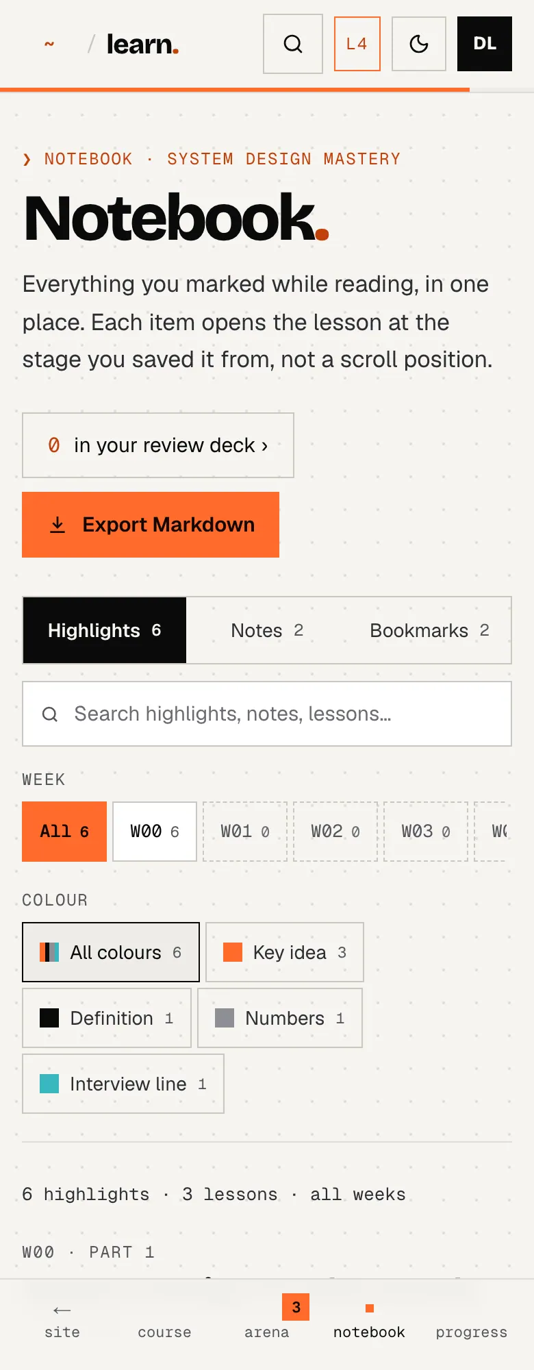 The Notebook on a phone: tabs, search and highlights grouped by lesson.