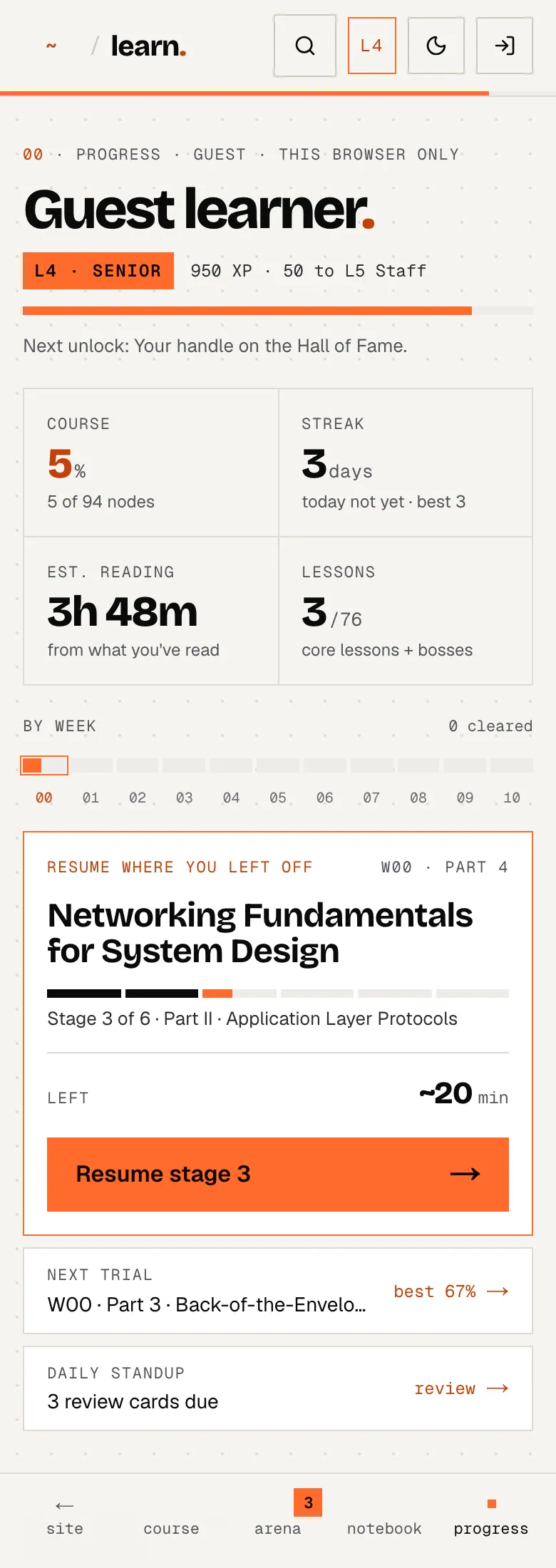 The Progress page on a phone: level, course percentage, streak and the resume card.
