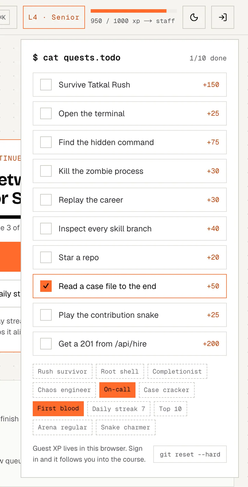 The quest log opened from the level chip: the site's main quests with their XP, and every badge, earned ones in orange.