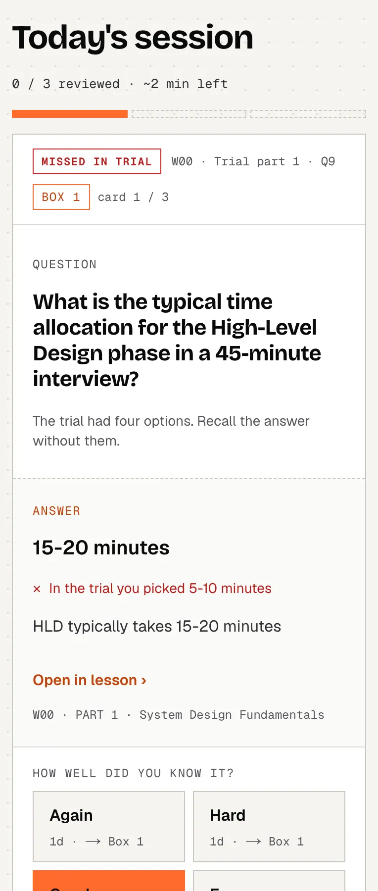 A review card after 'Show answer': the question you missed in a trial, your pick, the right answer and why, and the four grade buttons that decide when it comes back.