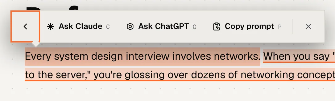 The Ask AI panel of the selection toolbar: Ask Claude, Ask ChatGPT and Copy prompt.