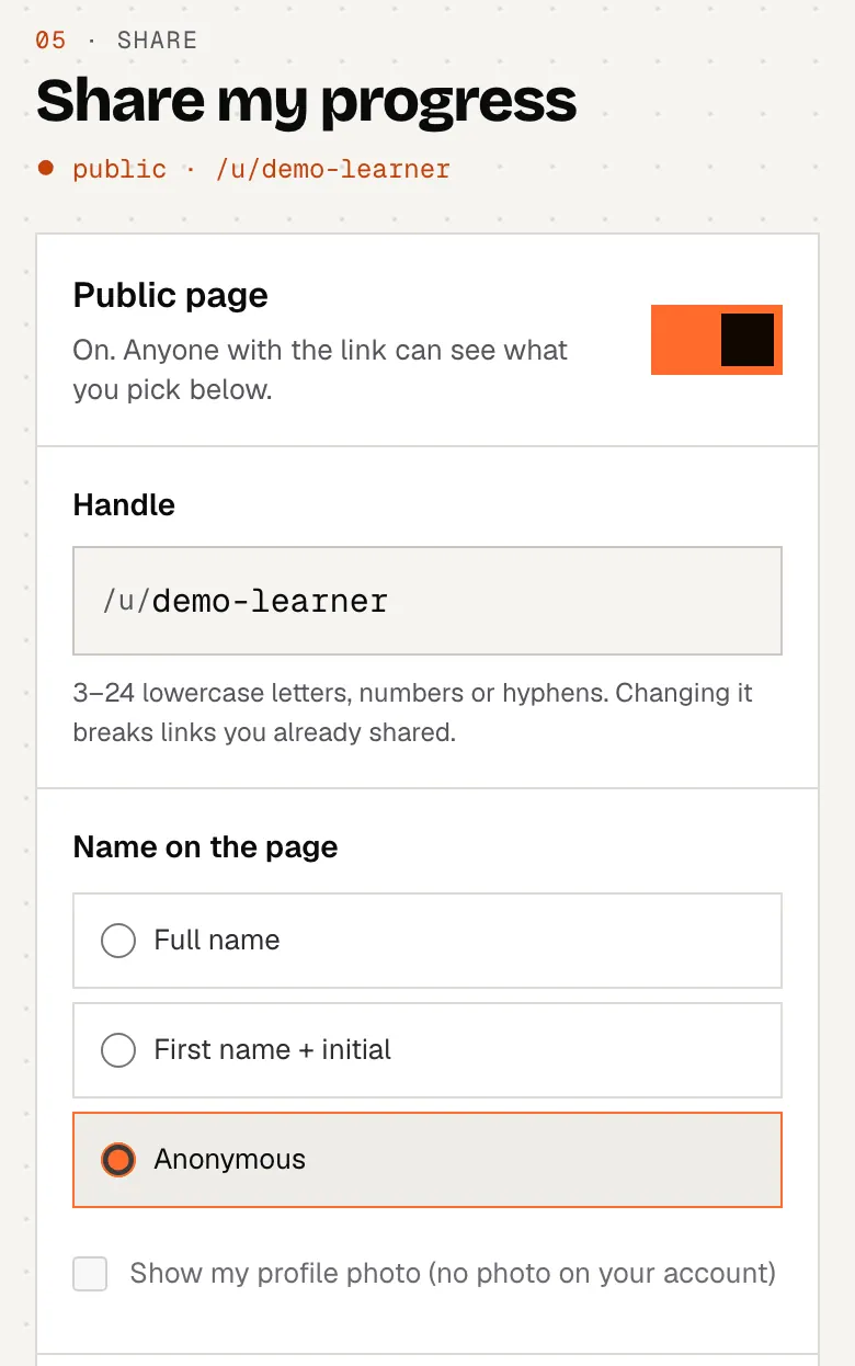 The share settings on a phone: the Public page switch, the /u/ handle and the name shown on the page.