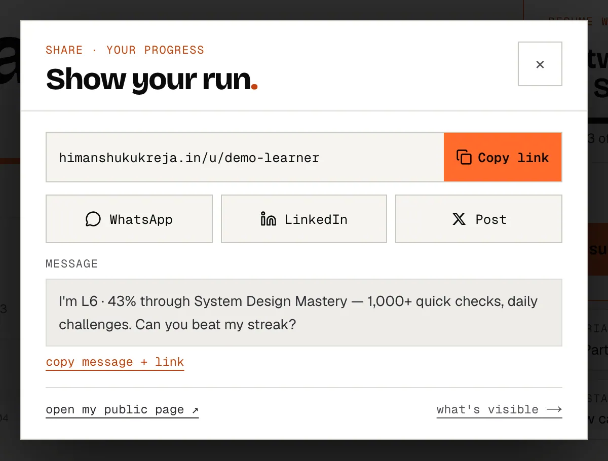 The share sheet: your public link with Copy link, buttons for WhatsApp, LinkedIn and X, the prefilled message, and links to open your page or change what's visible.