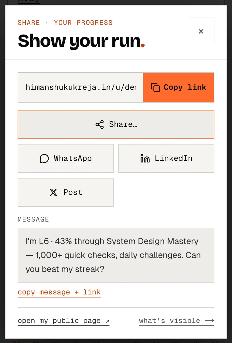The share sheet: your public link with Copy link, buttons for WhatsApp, LinkedIn and X, the prefilled message, and links to open your page or change what's visible.
