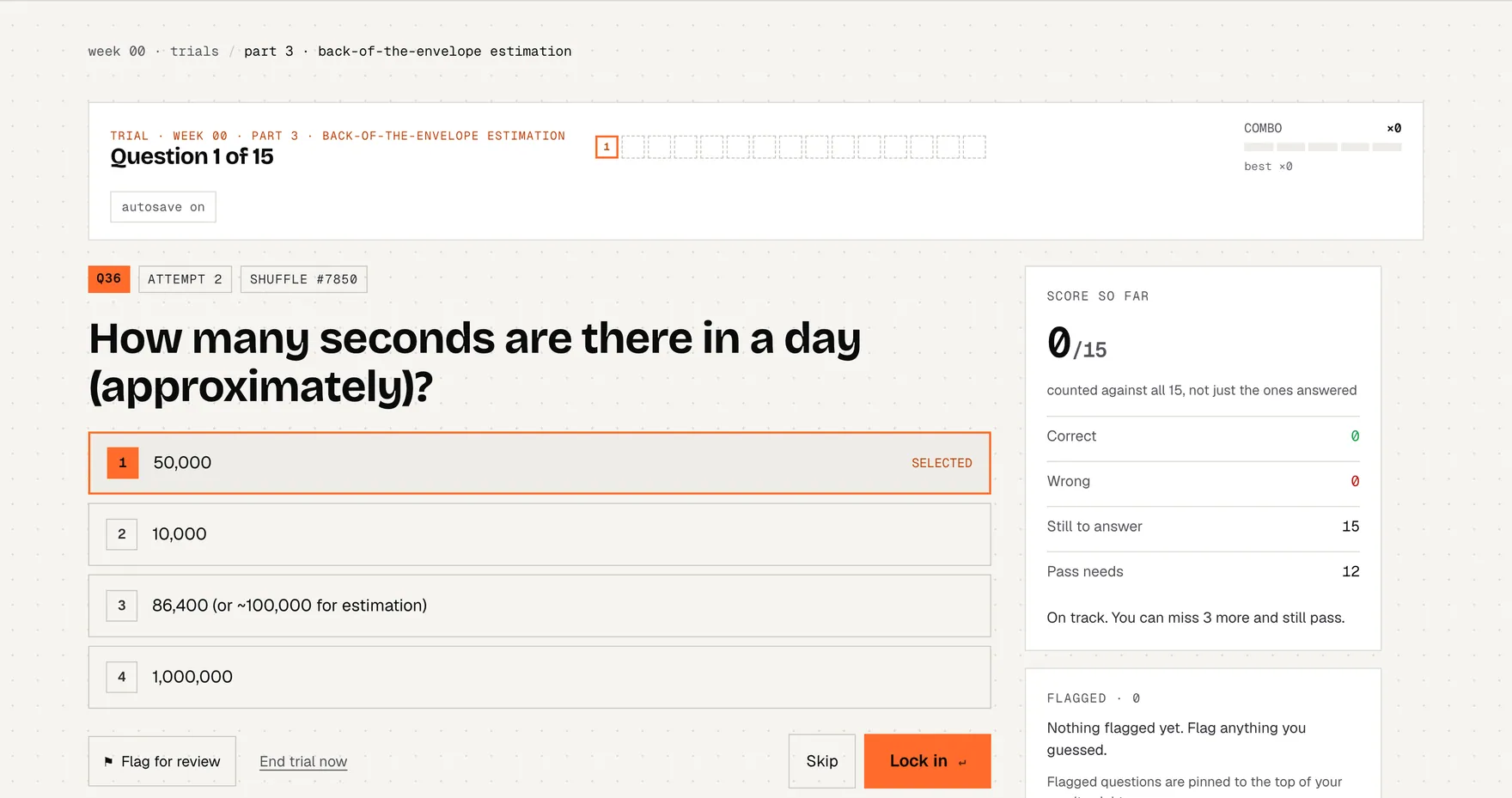 A trial question: one per screen with a progress strip, a flag button, and Lock in to commit the answer.